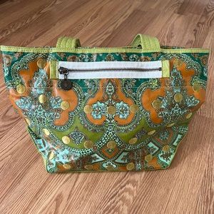 Plenty Tracy Reese Tote w Green Patent‎ Leather Trim & Gold Thread Embellishment